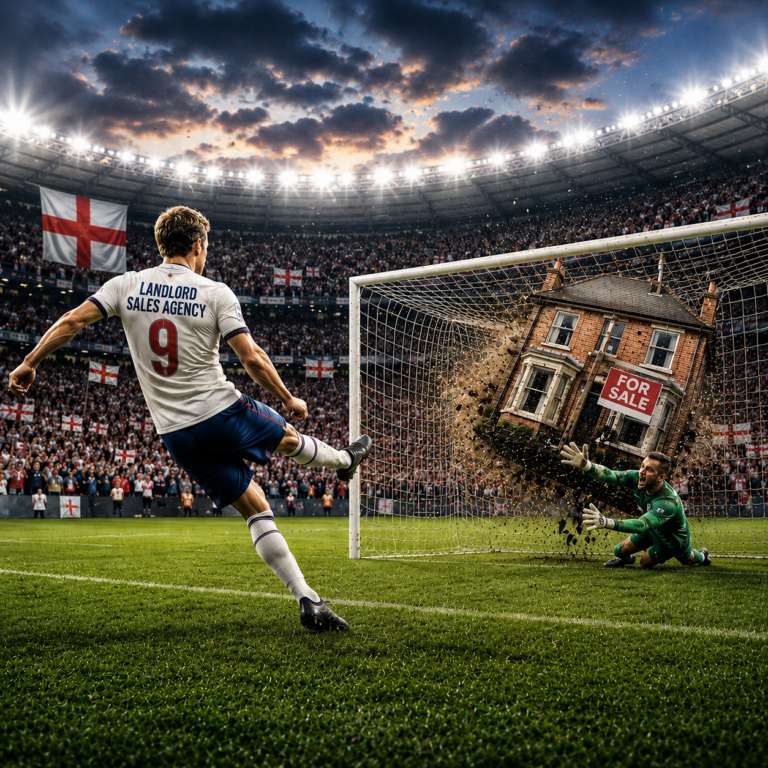 Football-themed illustration showing Landlord Sales Agency scoring a winning goal with a house for sale in the net.