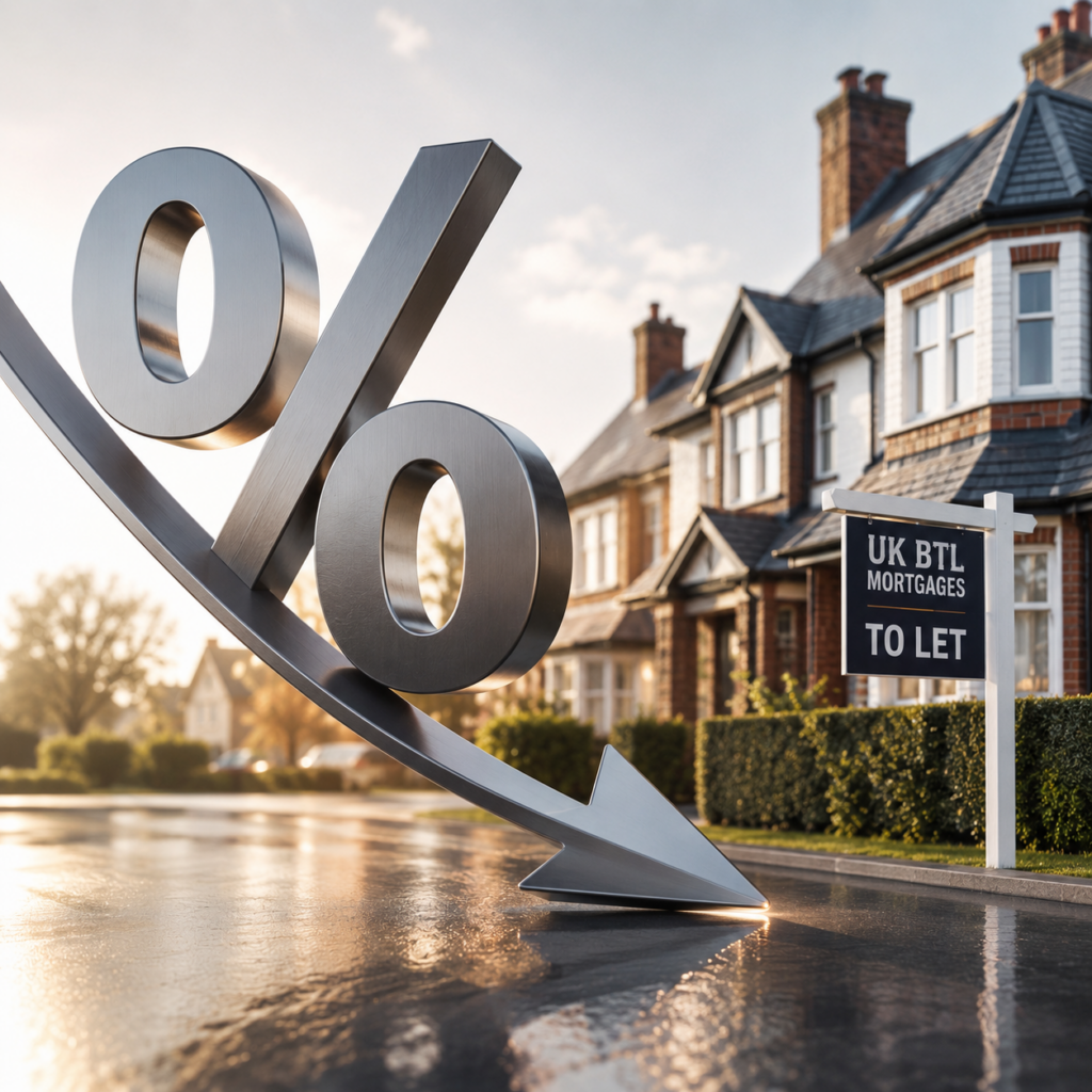 Falling buy-to-let mortgage rates illustrated with a downward percentage symbol outside rental homes.