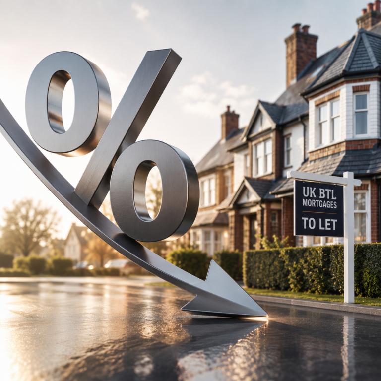 Falling buy-to-let mortgage rates illustrated with a downward percentage symbol outside rental homes.