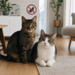 Two cats in a rental property beneath a no-pets sign, illustrating an unauthorised pet tenancy issue.
