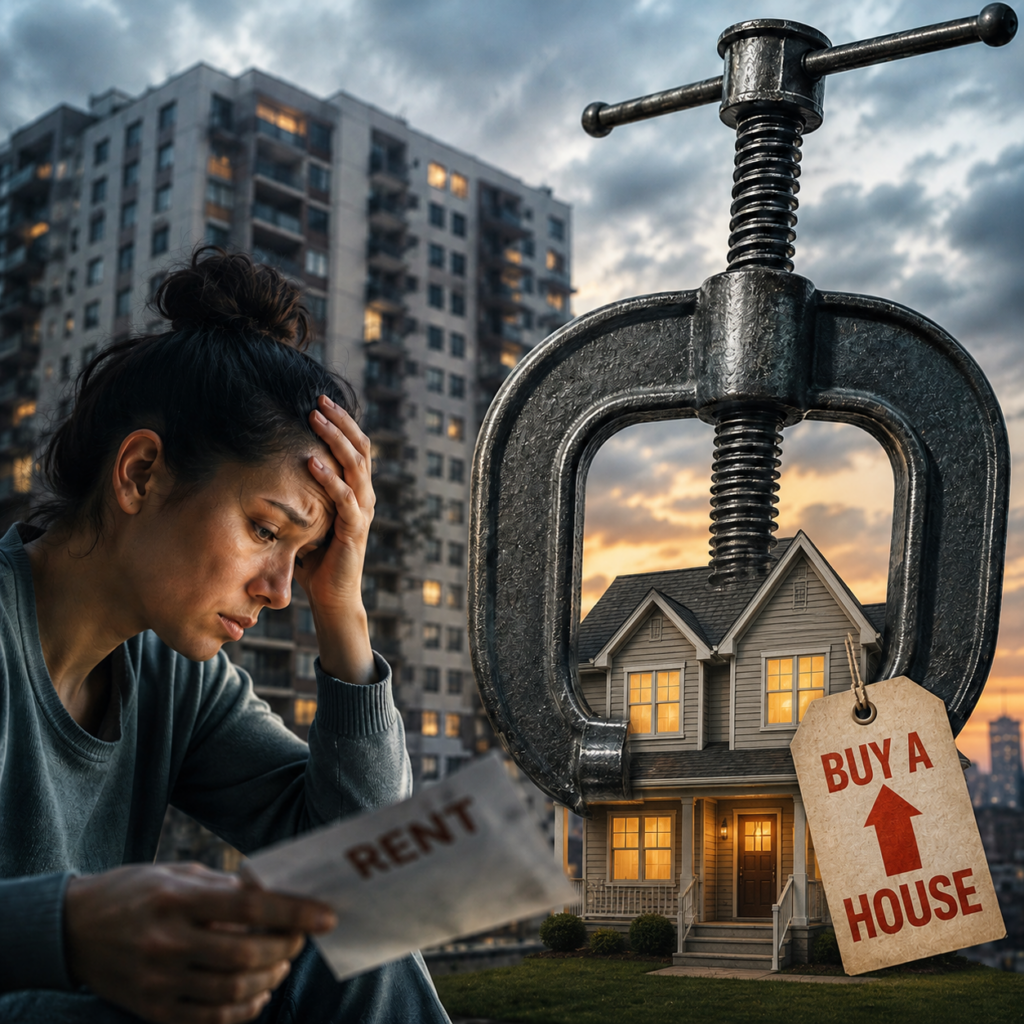Stressed renter reviewing costs beside a house purchase concept illustrating affordability barriers to homeownership.