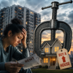 Stressed renter reviewing costs beside a house purchase concept illustrating affordability barriers to homeownership.
