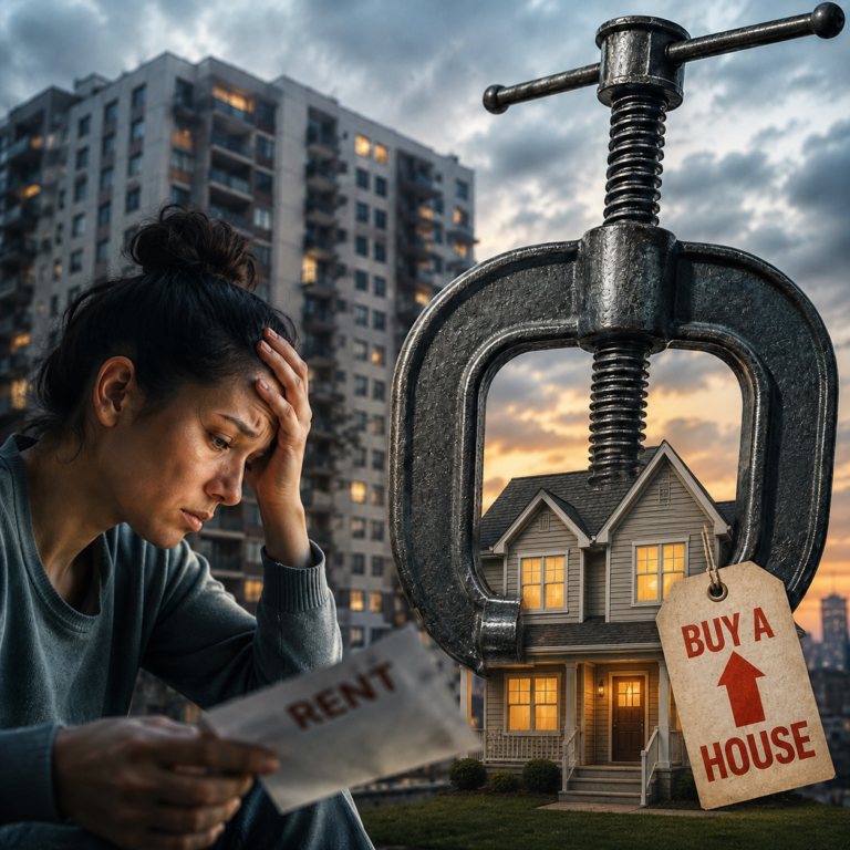 Stressed renter reviewing costs beside a house purchase concept illustrating affordability barriers to homeownership.