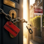 Broken chain labelled “Discrimination” on a rental property door, symbolising action against unfair letting practices.