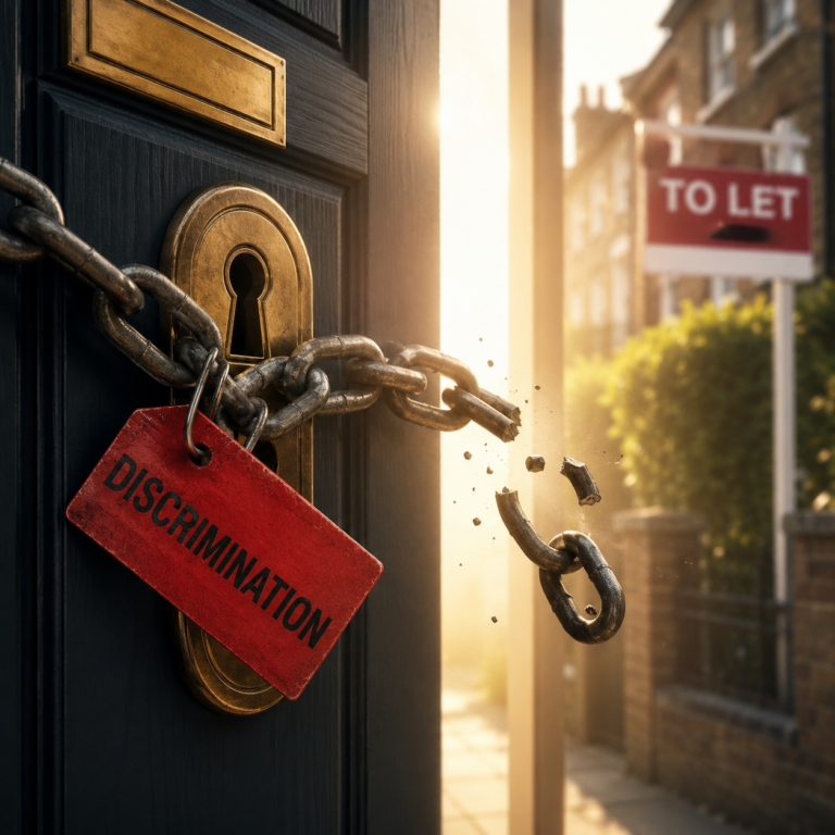 Broken chain labelled “Discrimination” on a rental property door, symbolising action against unfair letting practices.