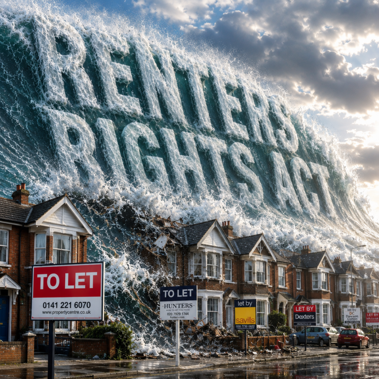 Illustration of a tidal wave labelled Renters Rights Act crashing over UK rental homes and letting boards, symbolising market disruption.