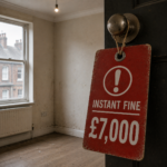 Warning sign showing a £7,000 instant fine for landlords in a poorly maintained rental property.