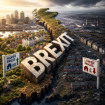 Illustration showing the UK housing market divide ten years after Brexit, with stronger price growth outside London.