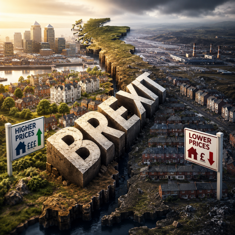 Illustration showing the UK housing market divide ten years after Brexit, with stronger price growth outside London.