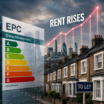 EPC energy efficiency rating graphic alongside rental homes and rising rent chart illustrating debate over EPC C targets.