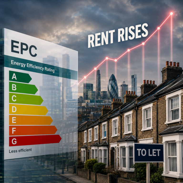 EPC energy efficiency rating graphic alongside rental homes and rising rent chart illustrating debate over EPC C targets.
