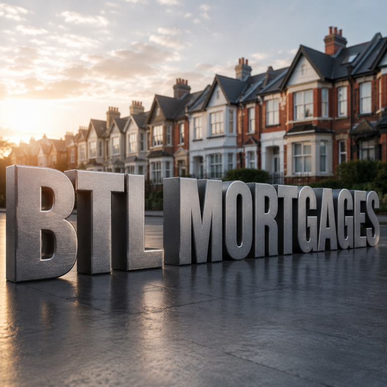 Buy to let mortgage updates with residential properties and BTL lettering in the foreground
