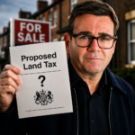 Leaflet about a proposed land value tax held in front of homes with a for sale sign, illustrating housing tax reforms.