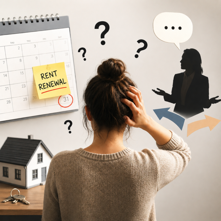 Confused landlord reviewing a missed rent renewal with calendar, property model and unanswered questions.