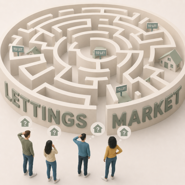 Illustration of renters and landlords navigating a maze, symbolising shifting power and housing shortages in the rental market.