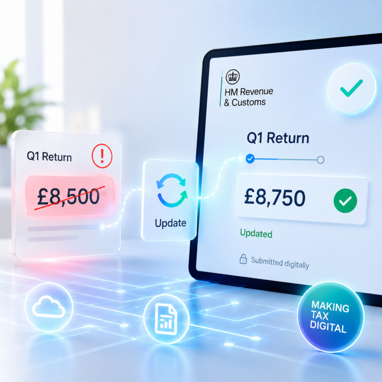 HMRC Making Tax Digital quarterly update showing corrected Q1 figures and year-to-date totals for landlords.