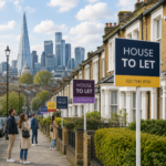 Prospective tenants viewing London rental homes with to-let signs as property supply rises across the capital.