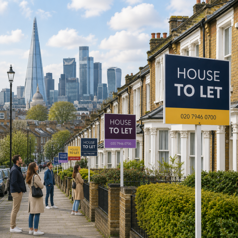 Prospective tenants viewing London rental homes with to-let signs as property supply rises across the capital.
