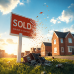 Crumbling sold sign beside new-build homes illustrating the decline in housing delivery across England