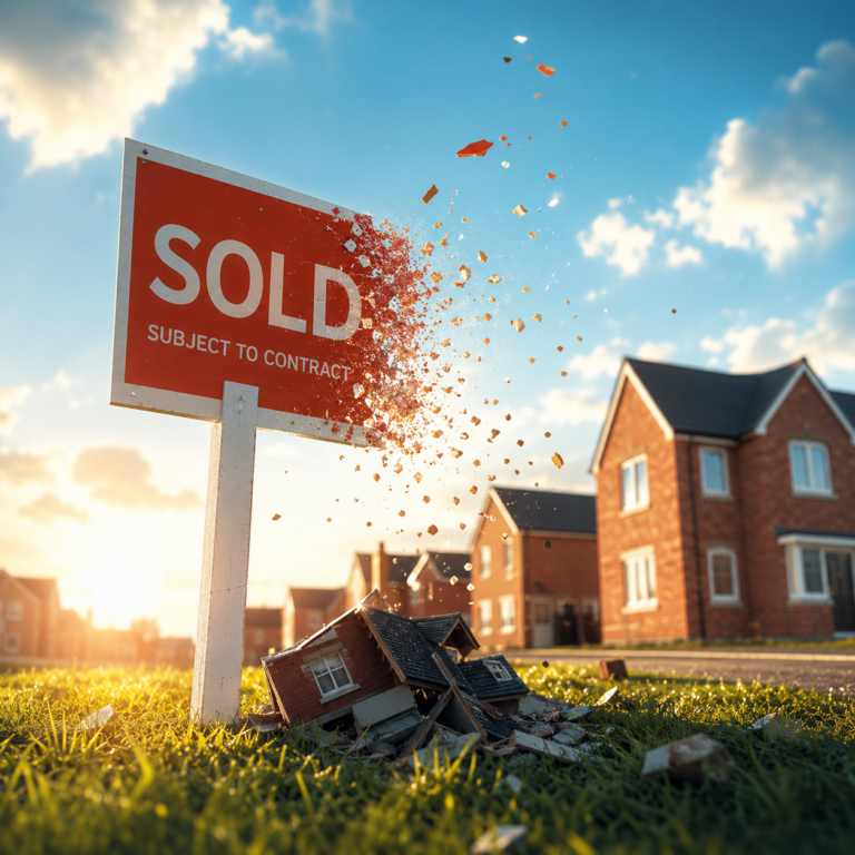 Crumbling sold sign beside new-build homes illustrating the decline in housing delivery across England