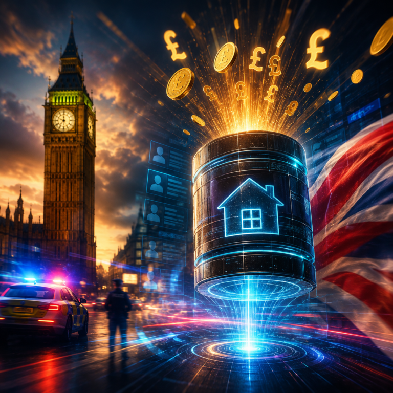 Digital illustration of UK rental property enforcement, PRS database fees, and landlord compliance regulations