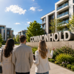 Prospective homeowners viewing a commonhold apartment development with shared ownership management
