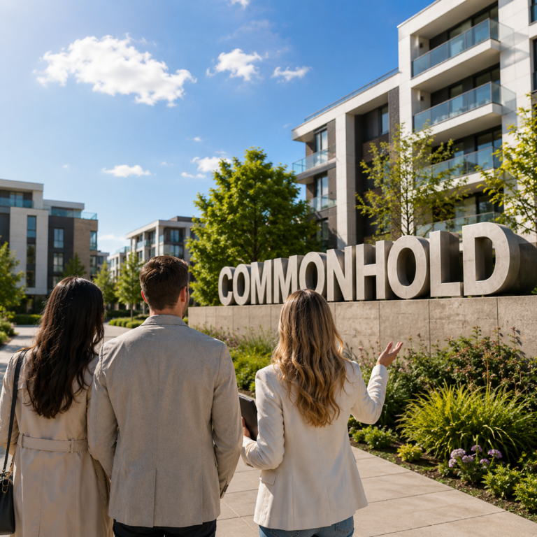 Prospective homeowners viewing a commonhold apartment development with shared ownership management