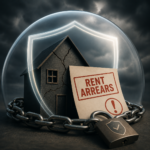 Cracked rental property protected by a shield with a rent arrears notice, symbolising tenant rent dispute protections