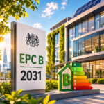 EPC B 2031 sign beside a modern commercial building, illustrating new energy efficiency targets for large rented properties.