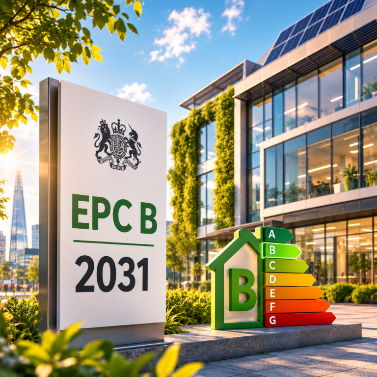 EPC B 2031 sign beside a modern commercial building, illustrating new energy efficiency targets for large rented properties.
