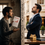 Tenant and landlord discussing a rent increase notice, illustrating private rented commercial property compliance and MEES regulations.