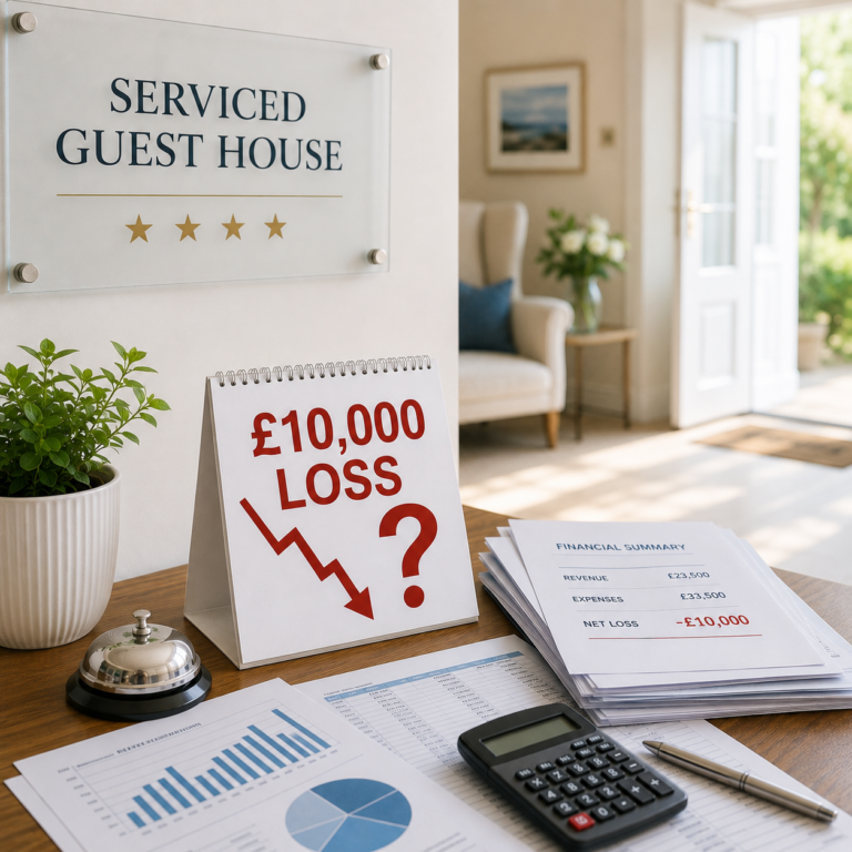 Serviced guest house reception with financial documents highlighting a £10,000 loss from an unpaid occupier dispute.