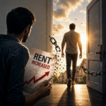 Tenant leaving a property as chains break and a rent increase notice highlights guarantor liability after rent rises.