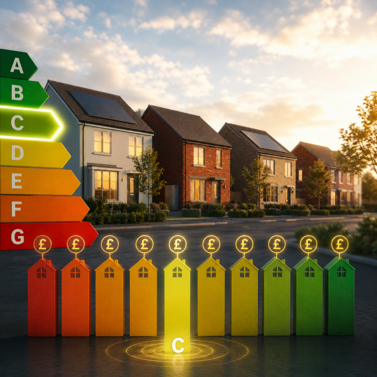 Energy-efficient homes with solar panels illustrating EPC ratings and the limited impact of high EPC scores on house prices.