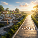 Signposts showing landlord regulations beside a clear path labelled “Trust”, symbolising guidance for landlords exiting the rental sector.