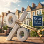 Scissors cutting a percentage symbol labelled BTL mortgage, illustrating falling buy-to-let mortgage rates for landlords.
