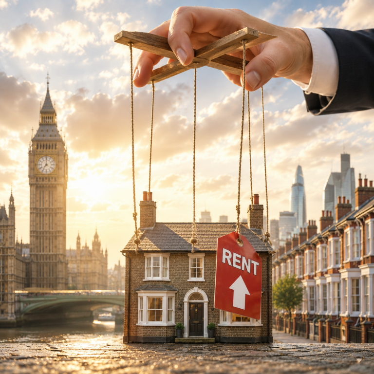 Marionette hand controlling a rental home beside Big Ben, illustrating the UK rent control debate and housing policy.