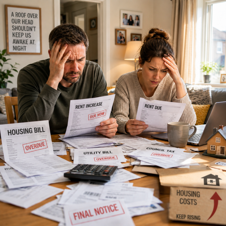 Couple reviewing overdue household bills as rising housing costs cause financial stress and anxiety.