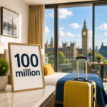 Sign reading “100 million” in a hotel room overlooking Big Ben, illustrating record UK short-let guest nights in 2025.