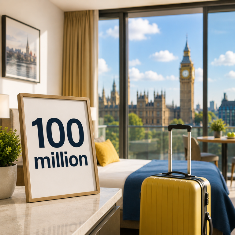 Sign reading “100 million” in a hotel room overlooking Big Ben, illustrating record UK short-let guest nights in 2025.