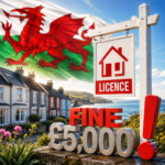 Rent Smart Wales licence sign with £5,000 fine warning, highlighting landlord licence renewal requirements in Wales.