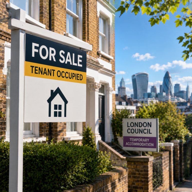 Tenant-occupied home for sale in London highlighting concerns over council property purchases and renter evictions.