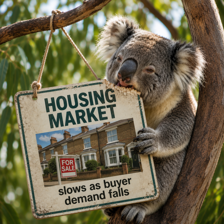 Koala holding a housing market sign highlighting falling buyer demand amid higher mortgage rates.