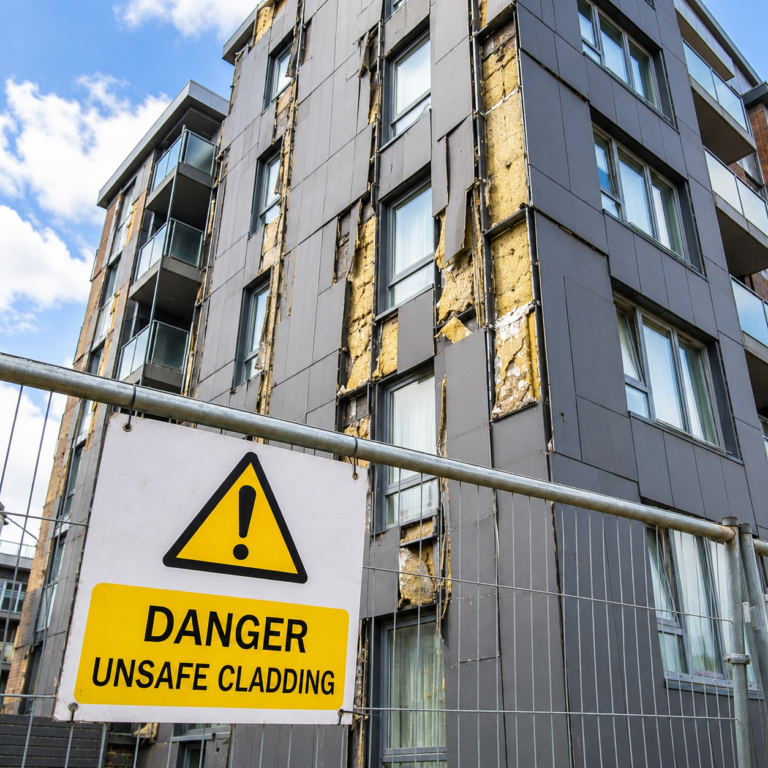 Unsafe cladding exposed on a residential apartment building awaiting remediation work.