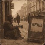 Vintage-style illustration of a rough sleeper begging on a city street, symbolising the repeal of the Vagrancy Act 1824.