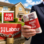Labour Right to Buy controversy with council house sale sign, cash and chained Labour box symbolising policy debate