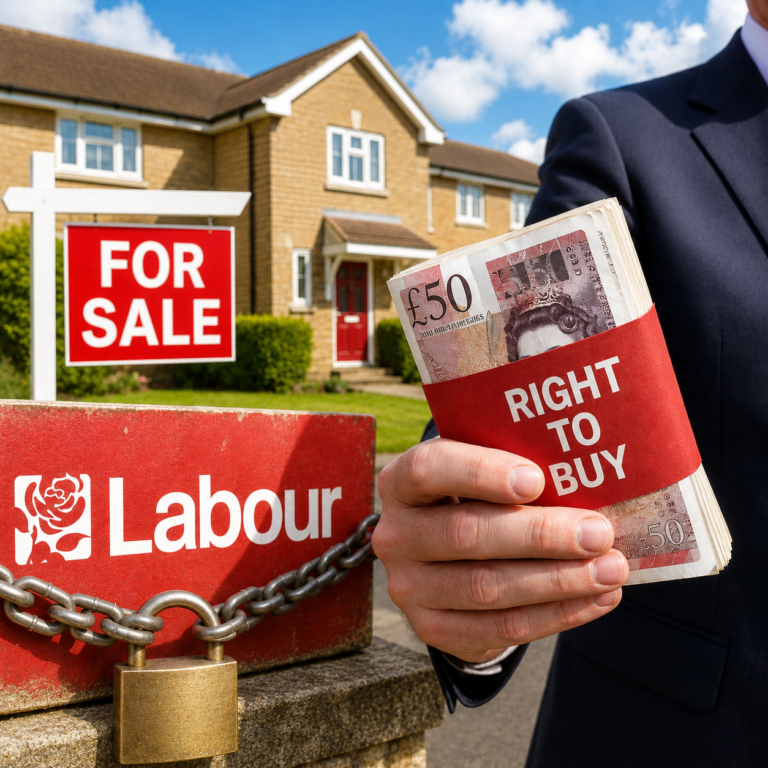 Labour Right to Buy controversy with council house sale sign, cash and chained Labour box symbolising policy debate