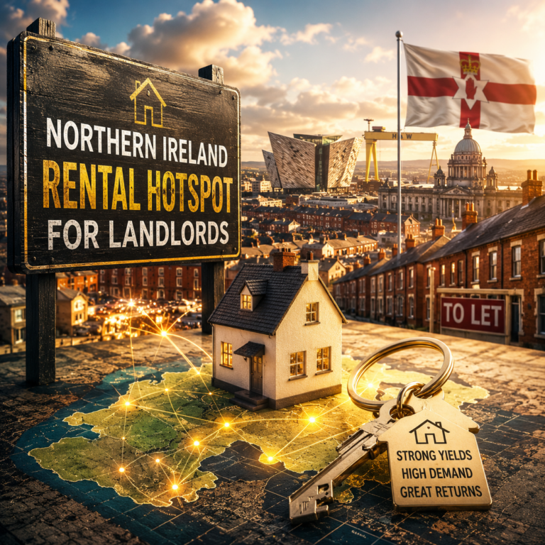 Northern Ireland rental investment illustration highlighting Belfast, strong rental demand and landlord opportunities.
