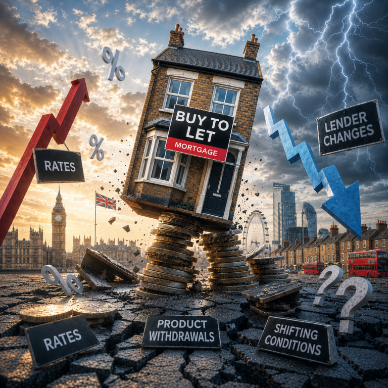 Buy-to-let property balanced on coins amid rising mortgage rates and market volatility in the UK