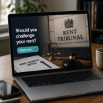 Laptop displaying a rent tribunal challenge tool alongside a rent increase notice and legal symbols